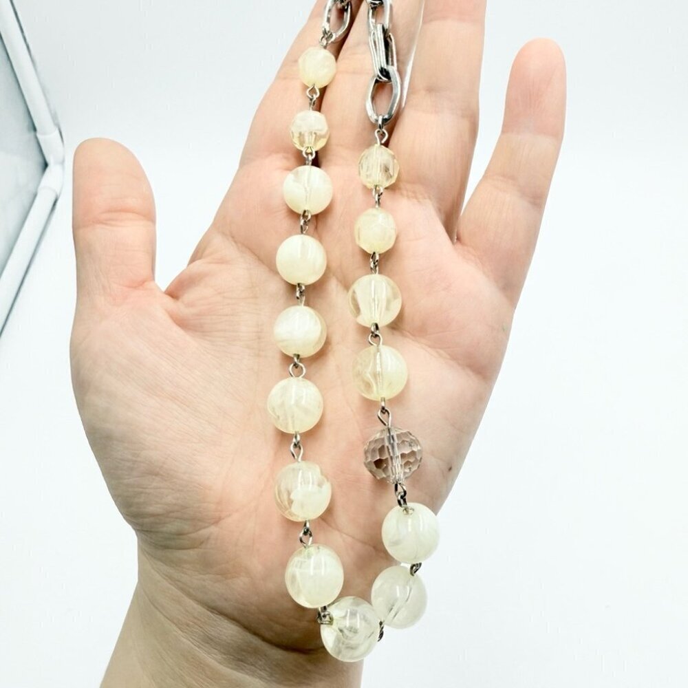 Loft Ann Taylor Silver Tone and Cream Acrylic Beaded Long Necklace